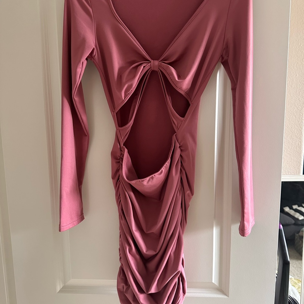 Chic Long Sleeve Pink Ruched Dress
